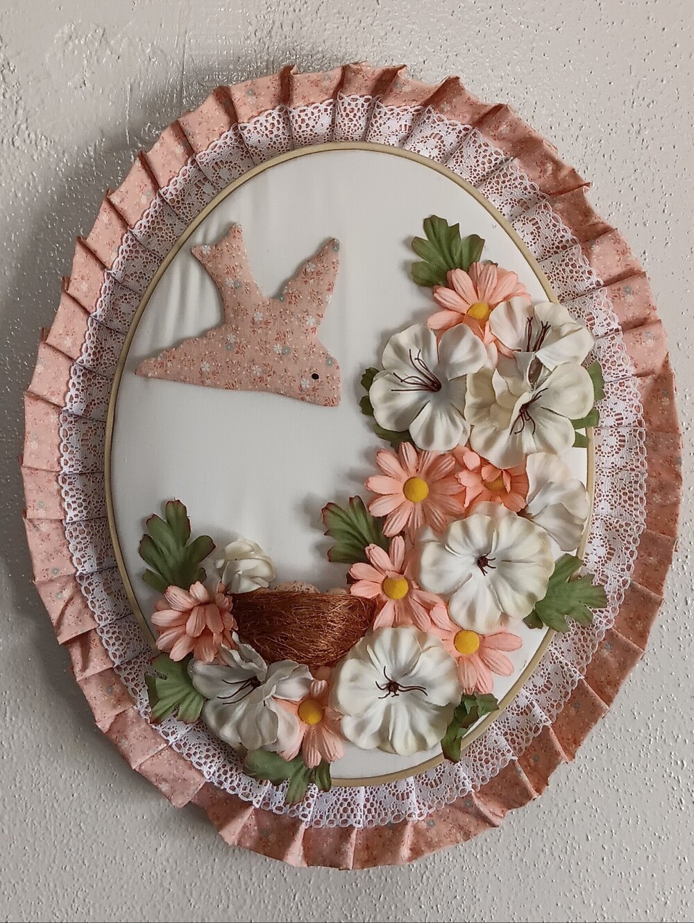 Coquette Vintage Cottage Quilted Hoop Wall Hanging Whimsy Pink Bird Nest Decor - Picture 2 of 16